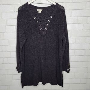 Style & Co Dark Gray Cable Knit Lace Up Sweater